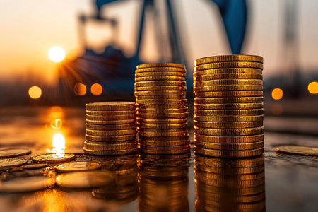 Gold coins stacked in front of an oil pump at sunset. Concept of the oil industry and getting rich from oil and gas production. Gas and oil industry.の素材