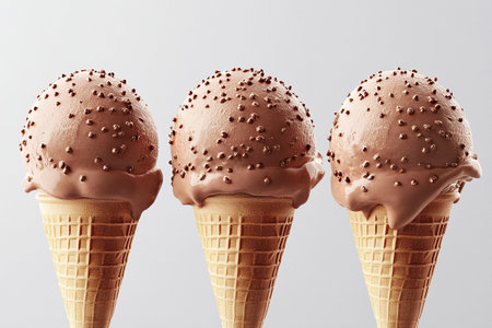 Chocolate ice cream melts in a waffle cone. Three chocolate ice creams in waffle cones on a white background.の素材