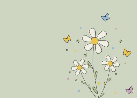 Postcard with simple daisy flowers on pastel green background with space for text, vector illustration. Minimalistic floral design for invitation or postcard.のイラスト素材