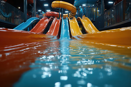 An empty water park with high water slides for children and adults. Holidays in a water park.の素材