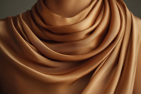 Detailed photo of copper colored silk scarf on woman's neck. Concept of style and fashion.の素材