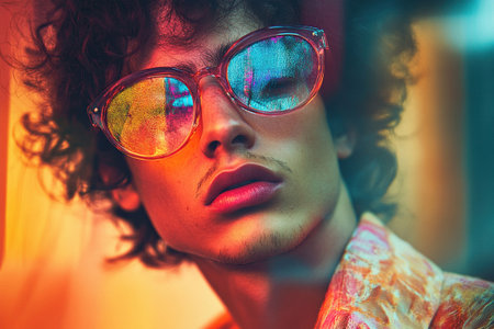 Art portrait of a stylish young guy with curly hair and glasses. The aesthetics of grain, vintage effectsの素材
