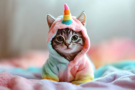Cat in unicorn costume. A cute grey kitten in a unicorn costume with a horn looks straight into the camera.の素材