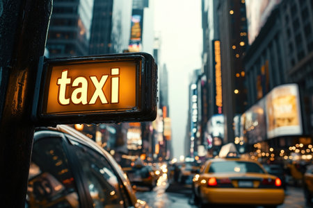 A yellow taxi sign lights up on the street of a big city during rush hour.の素材