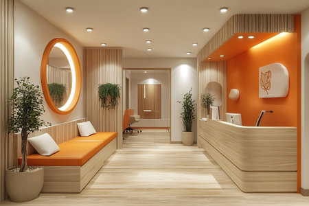 Interior design of a lobby in a clinic. Reception of a medical or spa center. Laconic stylish design of the reception areaの素材