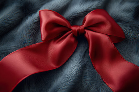 Close-up of a luxurious red satin ribbon bow resting elegantly on a soft blue fur background, illustrating themes of elegance, luxury, and sophistication for decorative uses.の素材