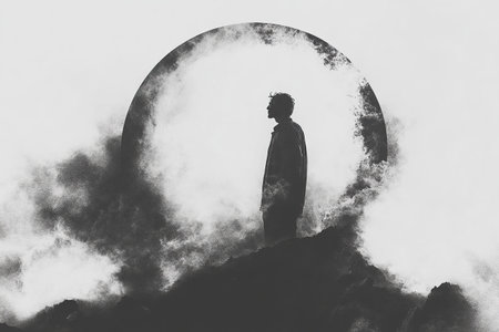 Silhouette of a man in the dark in clouds of thick smoke or fog. Black and white image. Concept of depression, mental health.の素材