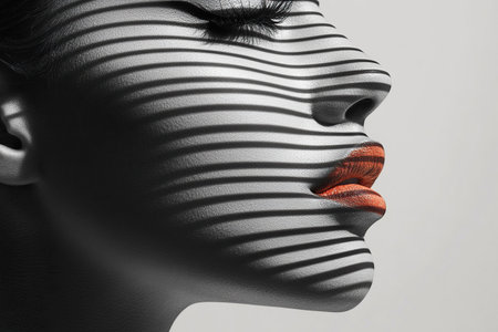 A stylized photo of a woman's face with horizontal shadows on it. The red lipstick on her lips attracts attention. Concept of fashion and style.の素材