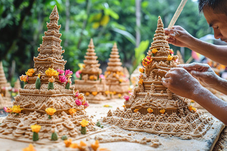 Locals create elaborate sand pagodas decorated with flowers, songkran. Sand castle decorated with flowers.の素材