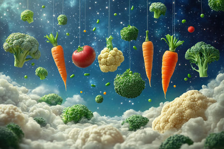 Vegetables fly across the night sky. Broccoli, carrots and peas in fluffy white clouds. Children's poster with healthy food.の素材