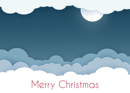 Paper cut clouds and snowdrifts on blue night sky and full moon background. Vector illustration, seasonal promotion. Merry Christmas.のイラスト素材