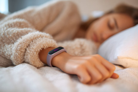A fitness tracker is worn by a woman sleeping in bed during the day. The smart bracelet measures sleep quality. The concept of smart technologyの素材