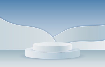 A round white 3D podium against a background of blue snowdrifts, cut-out paper style. A banner with an empty podium for your design. Winter advertising poster. Vector.のイラスト素材