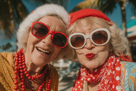 Two cheerful elderly ladies wearing Santa hats and sunglasses smile at the camera on the beach on Christmas Eve. Two elderly ladies wearing Santa hats celebrate New Year and Christmas at a tropical resort.の素材