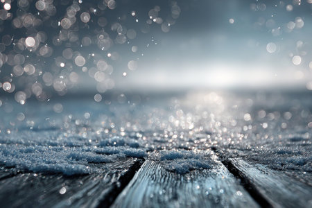 A picturesque winter snowy landscape with space for text. A wooden floor covered with snow and ice in a field with a bokeh background. Sun glare.の素材