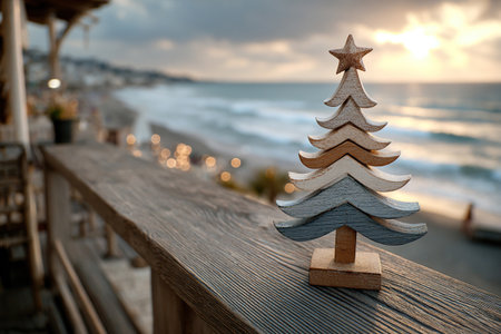 A wooden Christmas tree figurine sits on a parapet overlooking the sunset over the sea. The concept of holidays, vacations and travel.の素材