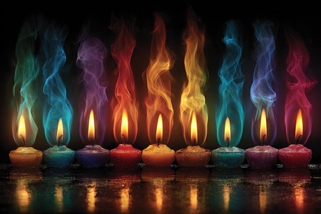 A row of candles with colored flames stands on a table in the darkness. The flames illuminate the darkness. The candles burn out on the mirror surface.の素材