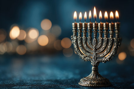 Hanukkah menorah. Lit candles on a Hanukkah menorah against a blurred background with golden bokeh. Jewish holiday. Christmas.の素材