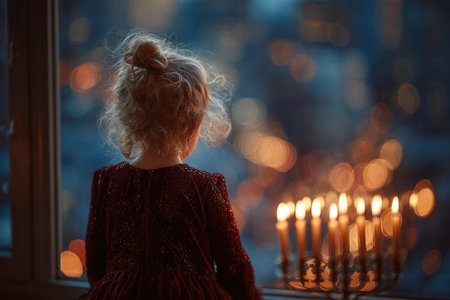 A little Jewish girl in a festive dress watches the candles burn in the menorah on Hanukkah. The Hanukkiah stands by the window. Evening lighting.の素材