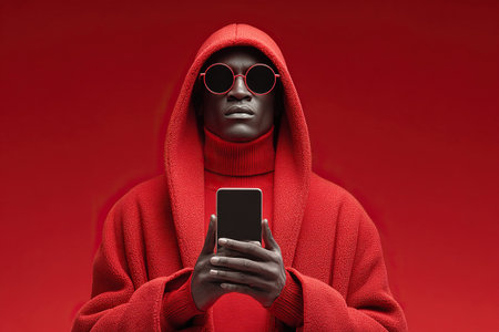 A dark-skinned man in dark glasses and a red coat holds a smartphone in his hands on a red background. The concept of smart and cyber attacks and protection against them.の素材