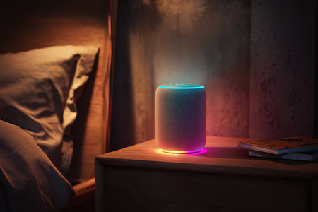 A cozy bedroom space with a smart speaker sitting on the bedside table. Smart technologies for home.の素材