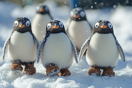 Funny penguins in warm boots walk through the snow. Winter animals.の素材
