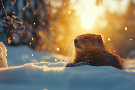 A marmot peeks out from behind a snowdrift in winter at sunset. Groundhog Day.の素材