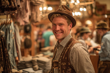 A young man in a traditional German suit with suspenders and a hat smiles while standing in a clothing store. Clothing for the folk festival.の素材