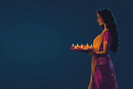 Illustration of an Indian woman carrying a tray of lit diyas on a blank blue background to celebrate Diwali.の素材