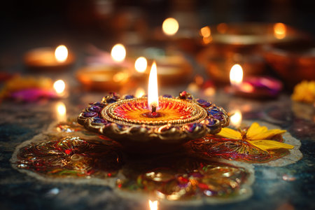 Close-up of lit diya. Candles are lit for prayer.の素材
