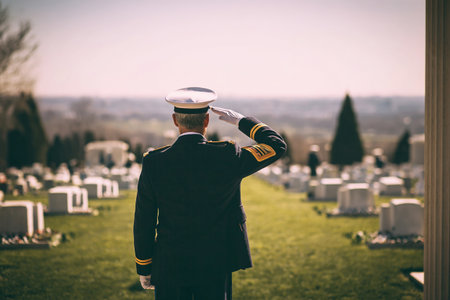 An American officer salutes at a national cemetery.の素材