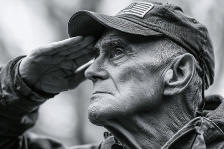 Black and white portrait of a senior soldier in military uniform outdoorsの素材