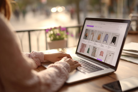 A young woman with a laptop is shopping online at home, sitting at a table. The woman's hands are on the keyboard. Online shoppingの素材