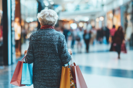 An elderly elegant woman in a coat is shopping. The elderly lady is carrying bags of things in her hands. View from behind.の素材