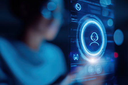 A virtual assistant is displayed on a holoprojection screen. A blurred silhouette of a person is seen in the background. A concept for interaction between artificial intelligence and humans.の素材