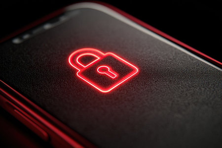Image of a red lock sign on a dark smartphone screen. The program protects the smartphone from danger.の素材