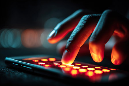 A close-up of a person's fingers over a smartphone screen. The person is typing on a smartphone screen in the dark. Protecting yourself from online scammers.の素材