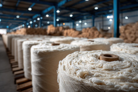 Large rolls of sheep's fleece stand in a textile factory. Textile factory.の素材