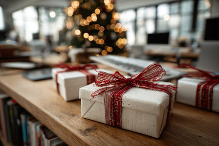 Christmas gift boxes with red ribbons on top sit on a wooden office desk. A Christmas tree with garland adorns the blurred background. Christmas and New Year's preparations in the office.の素材
