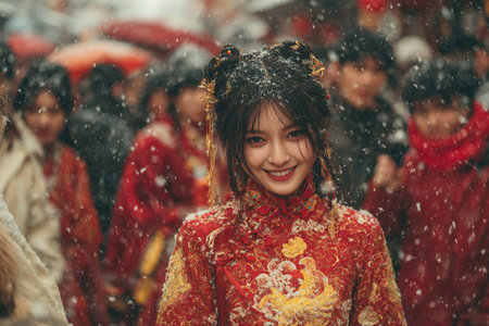 A young Chinese woman wearing a beautiful red dress walks along a snowy city street among a crowd of people. Lunar New Year 2026. Chinese New Yearの素材