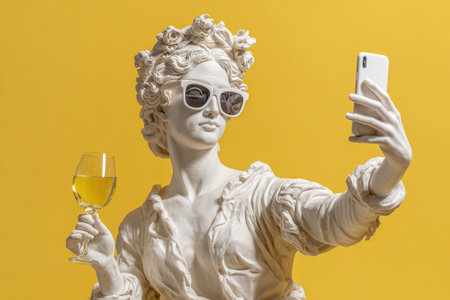 A plaster statue of a woman takes a selfie on her phone with a glass in her hand. A sculpture of a goddess wearing sunglassesの素材