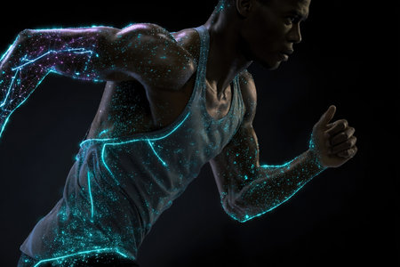 A cropped view of a handsome young black athlete with digital body projections under neon lighting. Web banner for a digital sports concept. Black background.の素材