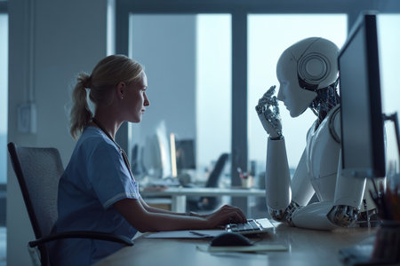 A humanoid robot is seeing a psychotherapist. The robot, equipped with artificial intelligence, needs psychological help. Robots and medicine.の素材