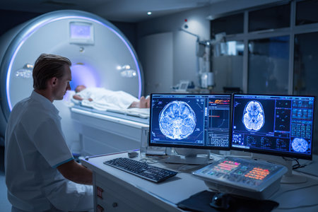 A research laboratory at a medical hospital. A male doctor uses a computer with MRI images of a patient's brain undergoing a medical examination in the background.の素材