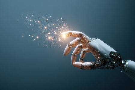 A humanoid robotic hand on a blue background with glowing particles on the fingertip. A futuristic banner with the concept of future intelligence. Copy space, electronic engineering.の素材