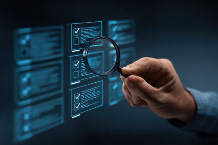Conceptual illustration of business problem solving. Businessman with magnifying glass over a virtual screen. Online tasks using technology. Digital data analysis and form checklist.の素材