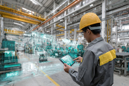 A heavy industry engineer stands in a factory and analyzes production using a tablet and virtual screens. The latest technologies in industry.の素材