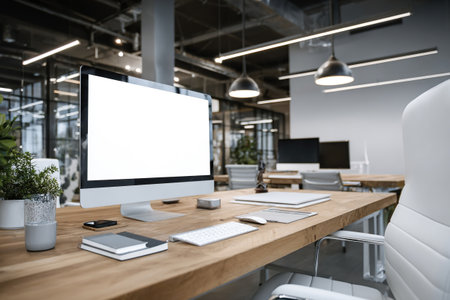 A blank white monitor screen sits on a desk in an office. Minimalist workspace interior. Monitor screen blank, space for advertising, text.の素材
