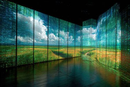Virtual simulators provide complete immersion into the environment. A room surrounded by large digital screens displaying natural scenes.の素材