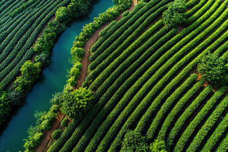 Magnificent view from above of a tea plantation in a river valley. Drone photography for advertising, cover, banner.の素材